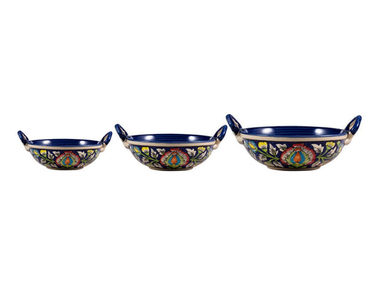 Caffeine Ceramic Handmade Stoneware Blue Jaipuri Serving kadhai (Set of 3 Microwave & Dishwasher Safe) - Caffeine Premium Stoneware