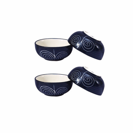 Caffeine Ceramic Handmade Blue Doodle Dessert Bowl (Set of 4, 150 ml) - Caffeine Premium Stoneware