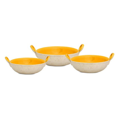 Caffeine Ceramic Handmade Marble White Matte & Yellow Serving Kadhai Set (Set of 3) Microwave Safe & Dishwasher Safe - Caffeine Premium Stoneware