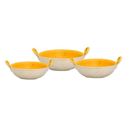 Caffeine Ceramic Handmade Marble White Matte & Yellow Serving Kadhai Set (Set of 3) Microwave Safe & Dishwasher Safe - Caffeine Premium Stoneware