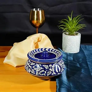 Caffeine Ceramic Handmade Blue Mughal Serving Handi with Lid (Set of 1) medium