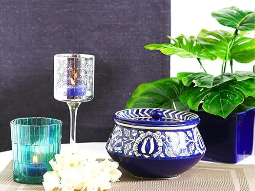 Caffeine Ceramic Handmade Blue Mughal Serving Handi with Lid (Set of 1) medium