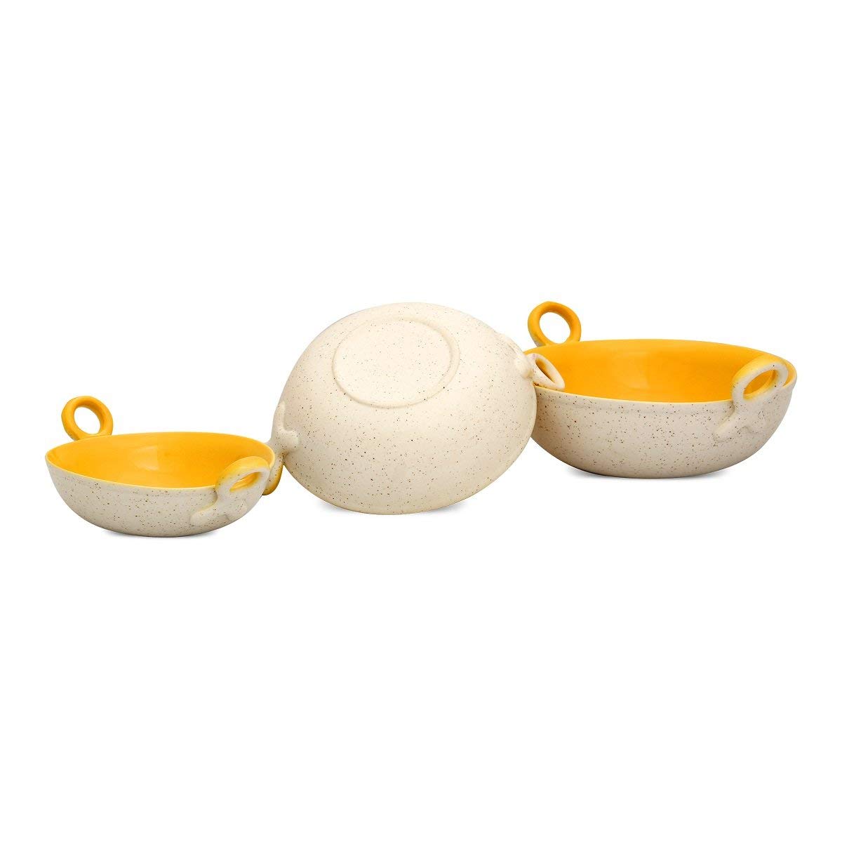 Caffeine Ceramic Handmade Marble White Matte & Yellow Serving Kadhai Set (Set of 3) Microwave Safe & Dishwasher Safe - Caffeine Premium Stoneware