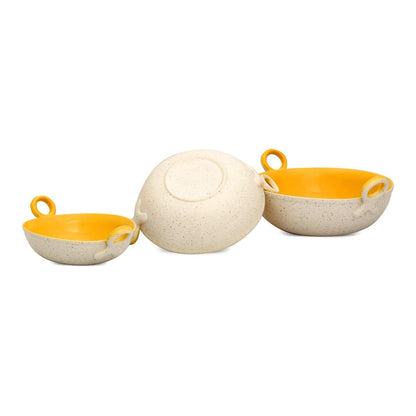 Caffeine Ceramic Handmade Marble White Matte & Yellow Serving Kadhai Set (Set of 3) Microwave Safe & Dishwasher Safe - Caffeine Premium Stoneware
