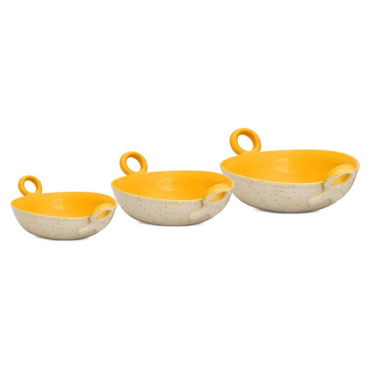 Caffeine Ceramic Handmade Marble White Matte & Yellow Serving Kadhai Set (Set of 3) Microwave Safe & Dishwasher Safe - Caffeine Premium Stoneware