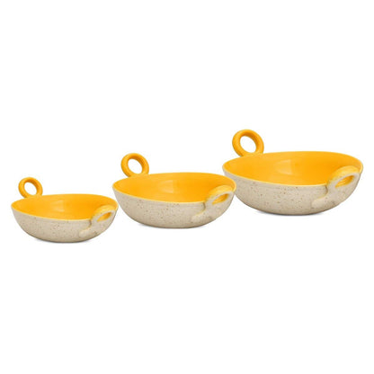 Caffeine Ceramic Handmade Marble White Matte & Yellow Serving Kadhai Set (Set of 3) Microwave Safe & Dishwasher Safe - Caffeine Premium Stoneware