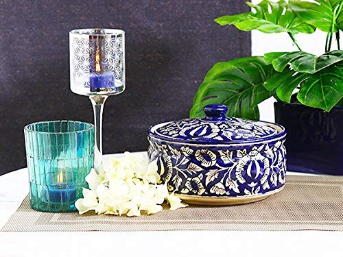 Caffeine Ceramic Handmade Blue Mughal Serving Donga Casserole with lid (set of 1, Large )