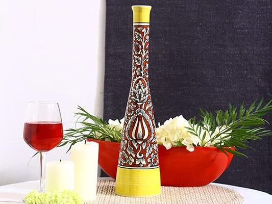 Caffeine Ceramic Handmade red and yellow mughal Straight Vase (1 Pc)