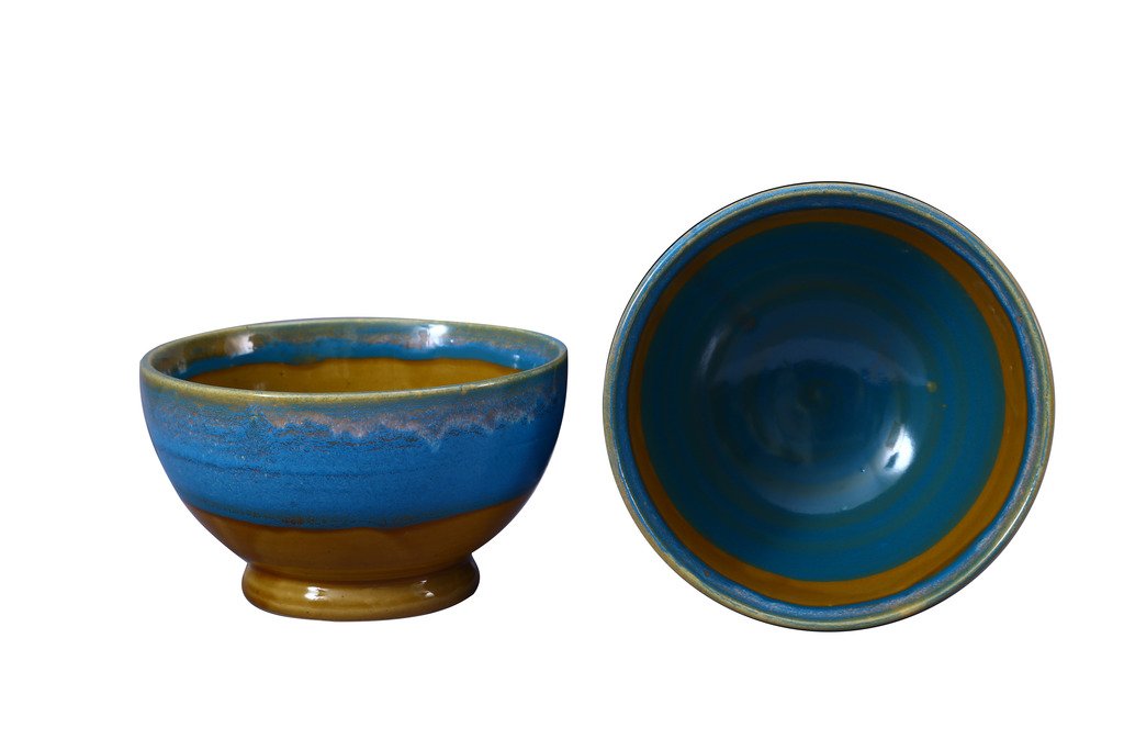 Caffeine Ceramic Handmade Blue & Brown Studio Nut Serving Bowl (Set of 2) - Caffeine Premium Stoneware