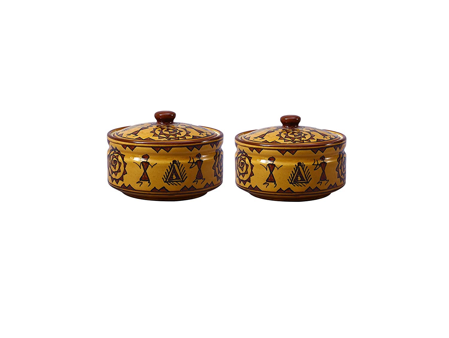 Caffeine Ceramic Handmade Mustard Romani Serving Casserole with Lid (Set of 3) - Caffeine Premium Stoneware