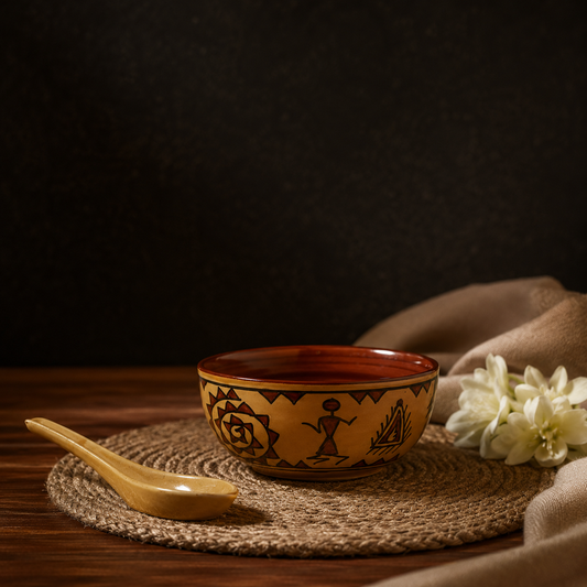 Caffeine Ceramic Handmade Mustard Romani Soup Bowls with Spoon (Set of 2)