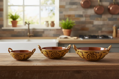 Caffeine Ceramic Handmade Stoneware Mustard Romani Serving kadhai (Set of 3 Dishwasher & Microwave Safe)