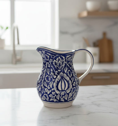 Caffeine Ceramic Stonware Handmade Blue Mughal Water jug (Set of 1, 1800 ml)