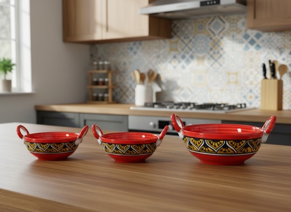 Caffeine Ceramic Handmade Stoneware Orange Morocco Serving kadhai (Set of 3 Microwave & Dishwasher Safe)