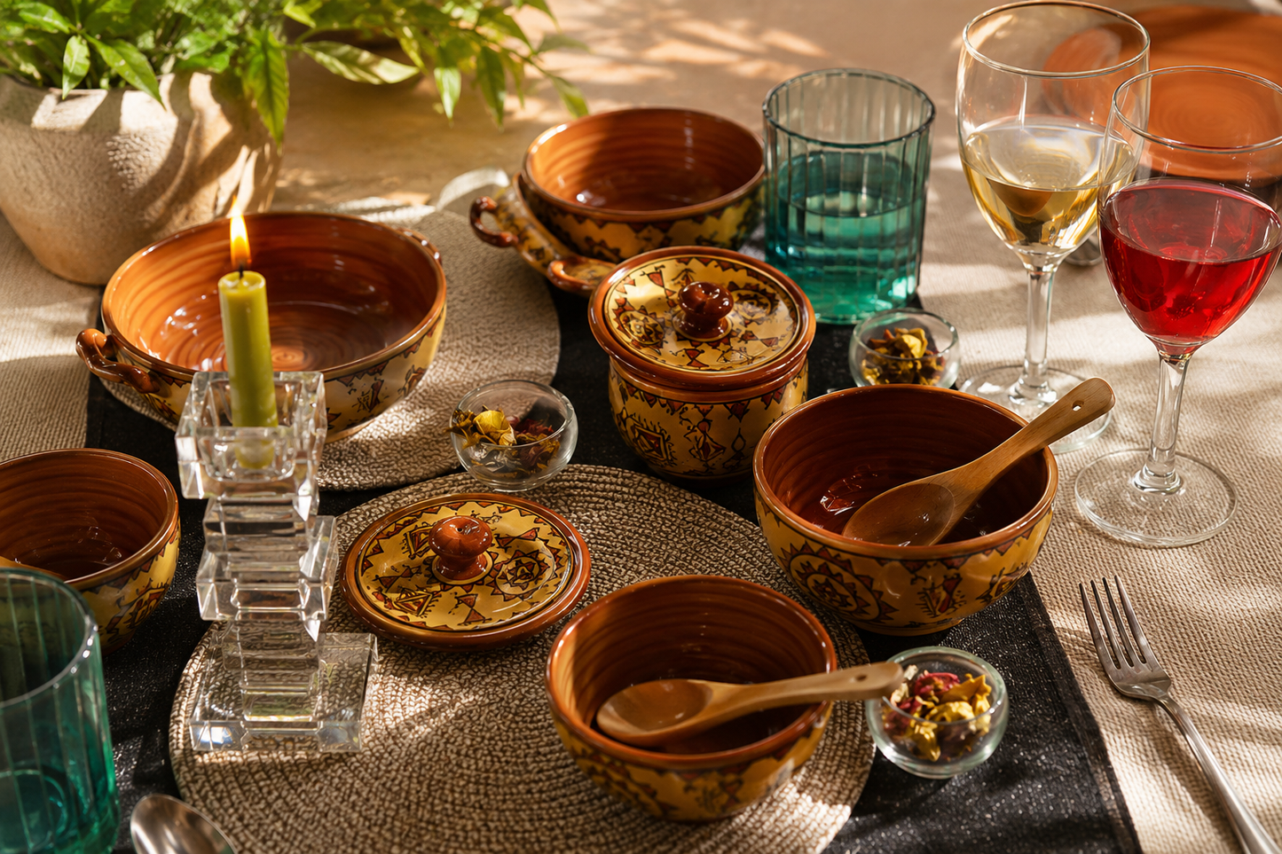 Caffeine Ceramic Handmade Mustard Romani Dinner Set (24 pcs.)