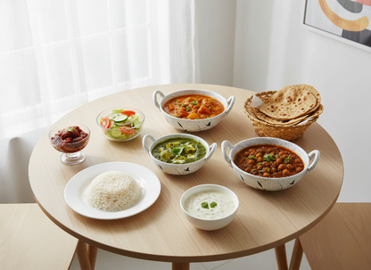 Caffeine Ceramic Handmade white Bamboo Serving kadhai Set of 3 (1 Large, 1 Medium and 1 Small)