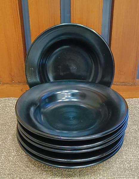 Caffeine Ceramic Handmade Stoneware Black Glossy 9" Soup Plate (Set of 6 Dishwasher & Microwave Safe)