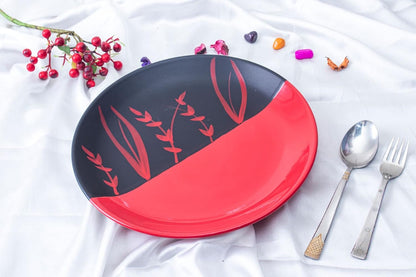 Caffeine Ceramic Handmade Red & Black Combo Dinner Set 9 pcs.(4 Dinner Plate, 4 Katori Bowl, 1 Serving Bowl)