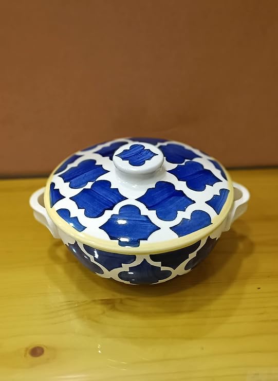 Caffeine Ceramic Handmade Blue Umrao Serving Casserole with Lid (Set of 1 Small)