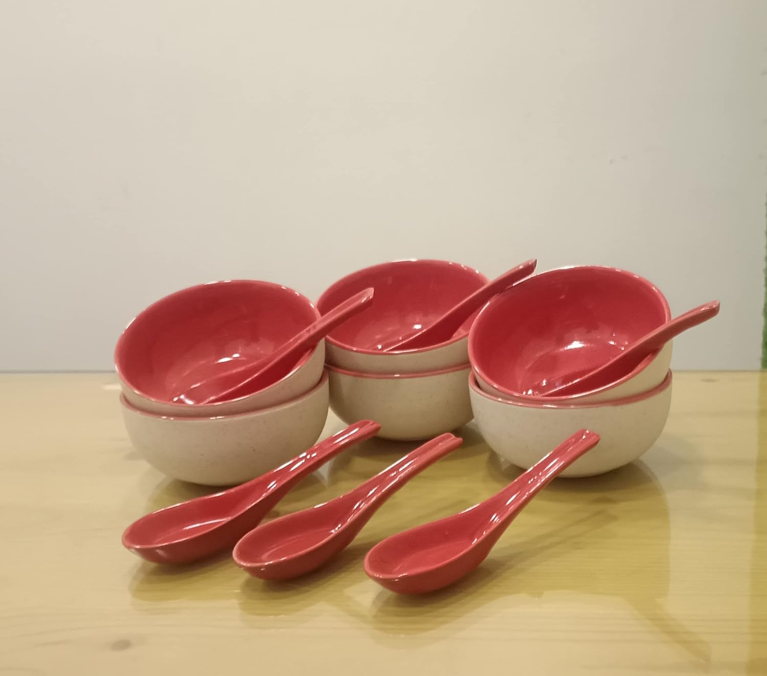 Caffeine Ceramic Stoneware Handmade red & White Soup Bowl with spoon set of 6 - Caffeine Premium Stoneware