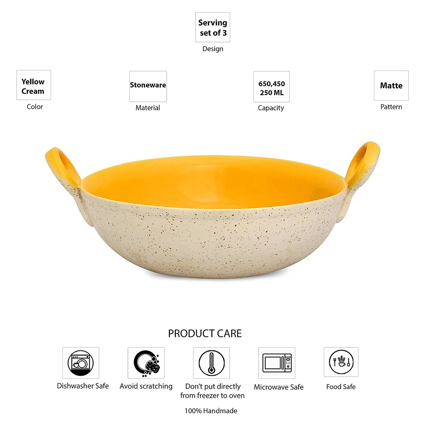 Caffeine Ceramic Handmade Marble White Matte & Yellow Serving Kadhai Set (Set of 3) Microwave Safe & Dishwasher Safe - Caffeine Premium Stoneware