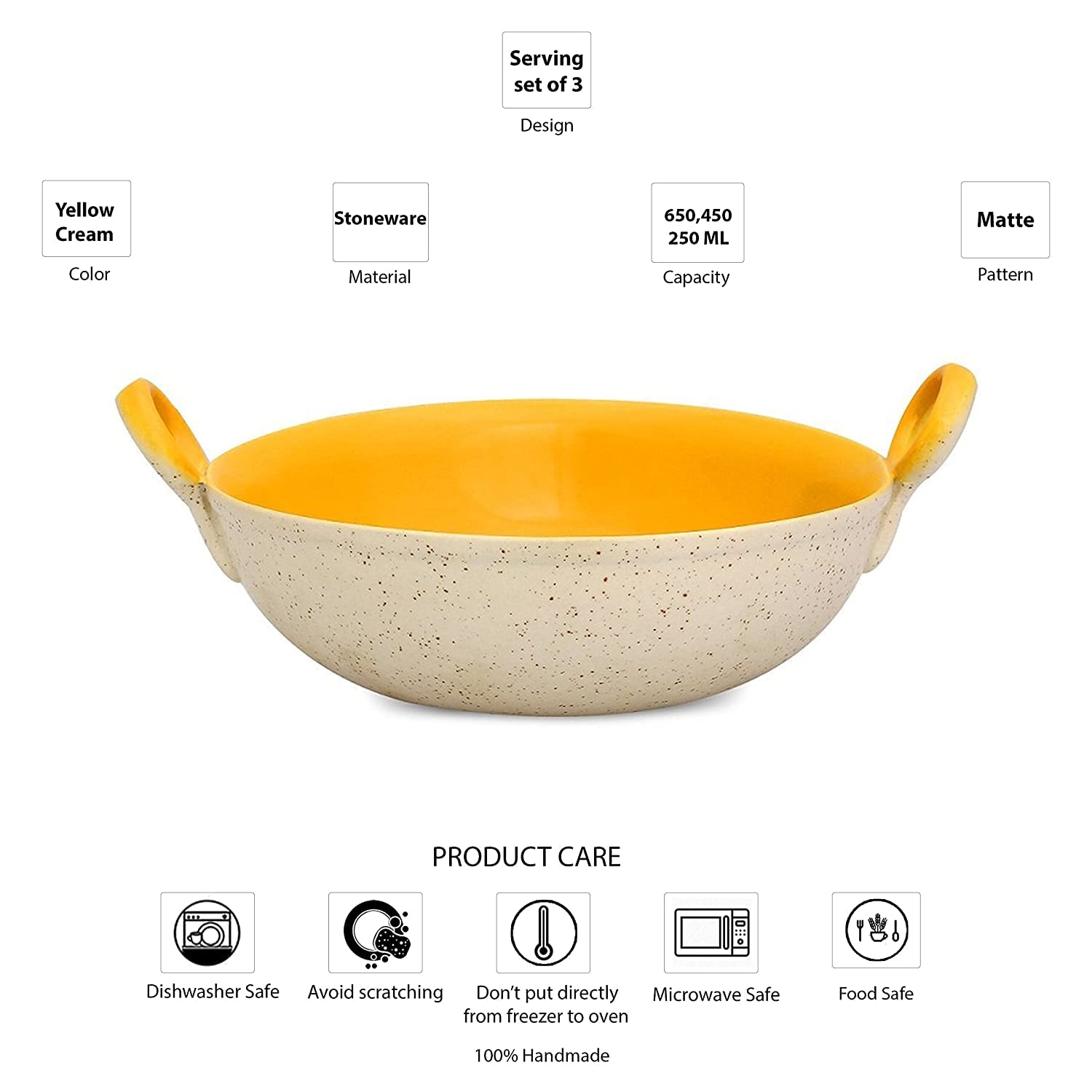 Caffeine Ceramic Handmade Marble White Matte & Yellow Serving Kadhai Set (Set of 3) Microwave Safe & Dishwasher Safe - Caffeine Premium Stoneware