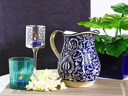 Caffeine Ceramic Stonware Handmade Blue Mughal Water jug (Set of 1, 1800 ml) - Caffeine Premium Stoneware