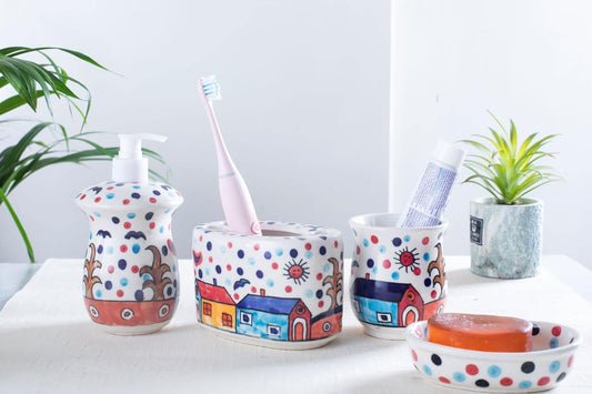 Caffeine Ceramic Handmade Stoneware Family Hut Bathroom Accessories Set of 4 (Liquid Soap Dispenser, Soap Tray, Toothbrush Holder, Tumbler) - Caffeine Premium Stoneware