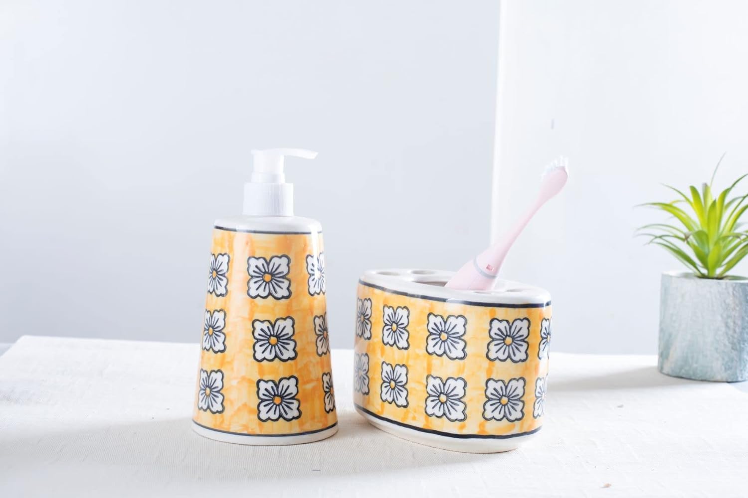 Caffeine Ceramic Stoneware Handmade Bathroom Accessories Set of 4 (Liquid Soap Dispenser,Soap Tray, Toothbrush Holder, Tumbler) - Caffeine Premium Stoneware