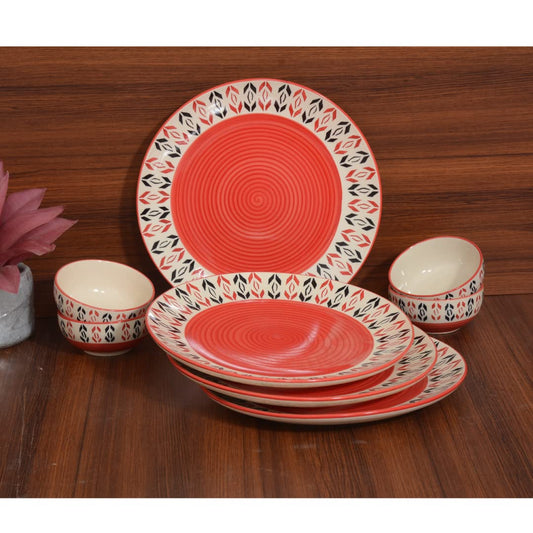 Caffeine Ceramic Stoneware Handmade Orange Arrow Pattern Combo Dinner Set of 8  - Caffeine Premium Stoneware