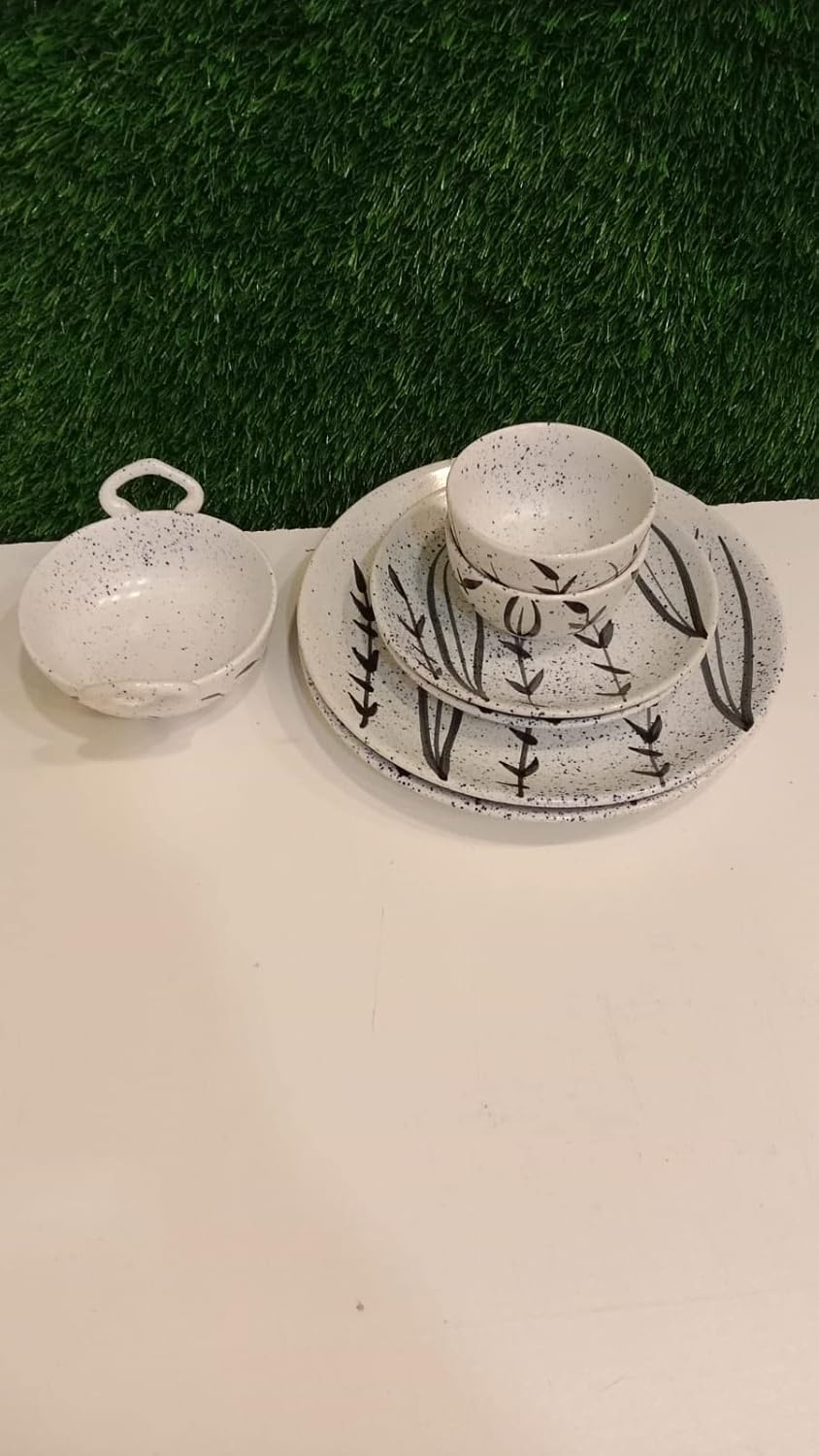 Caffeine Ceramic Handmade White Bamboo Combo Dinner Set (7 pcs.)