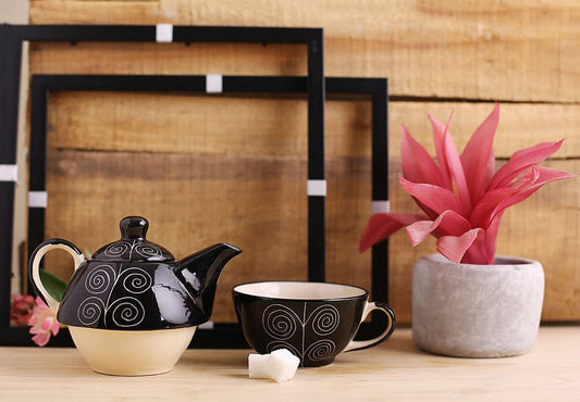 Caffeine Ceramic Handmade Stoneware Black Doodle Combo Dinner set Of 15 pcs. ( 4 Dinner Plate , 4 Quarter Plate , 2 Water Glass , 1 Cutlery , 2 Katori Bowl , 2 Tea in 1  Pot )