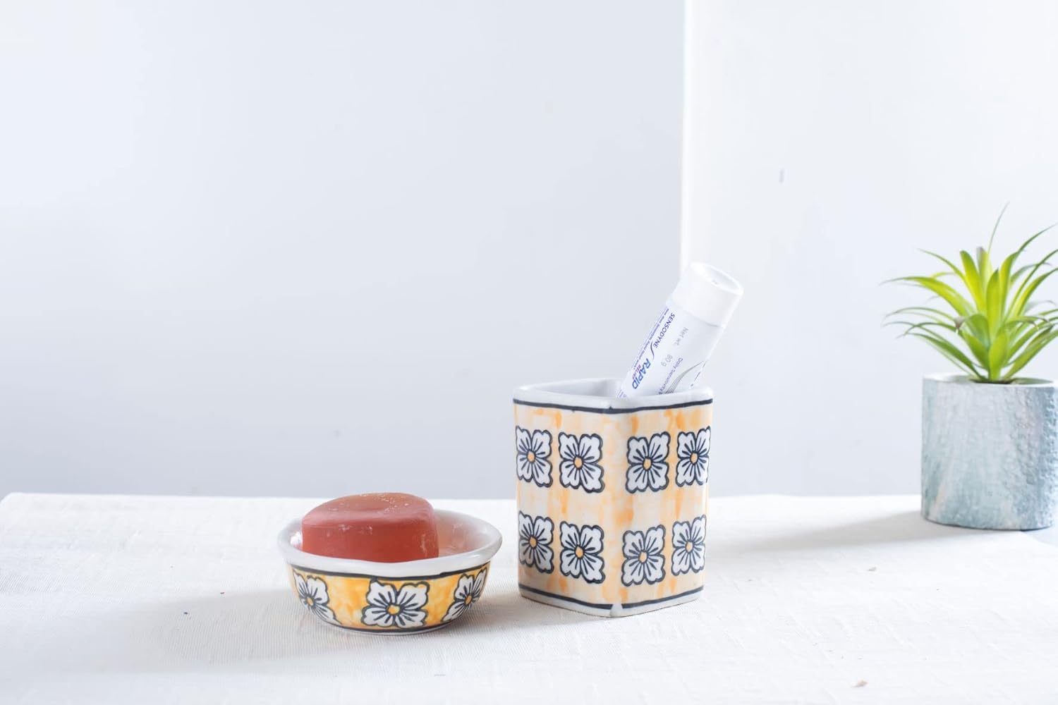 Caffeine Ceramic Stoneware Handmade Bathroom Accessories Set of 4 (Liquid Soap Dispenser,Soap Tray, Toothbrush Holder, Tumbler) - Caffeine Premium Stoneware