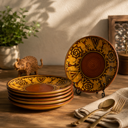 Caffeine Ceramic Handmade Mustard Romani Dinner Set (24 pcs.)