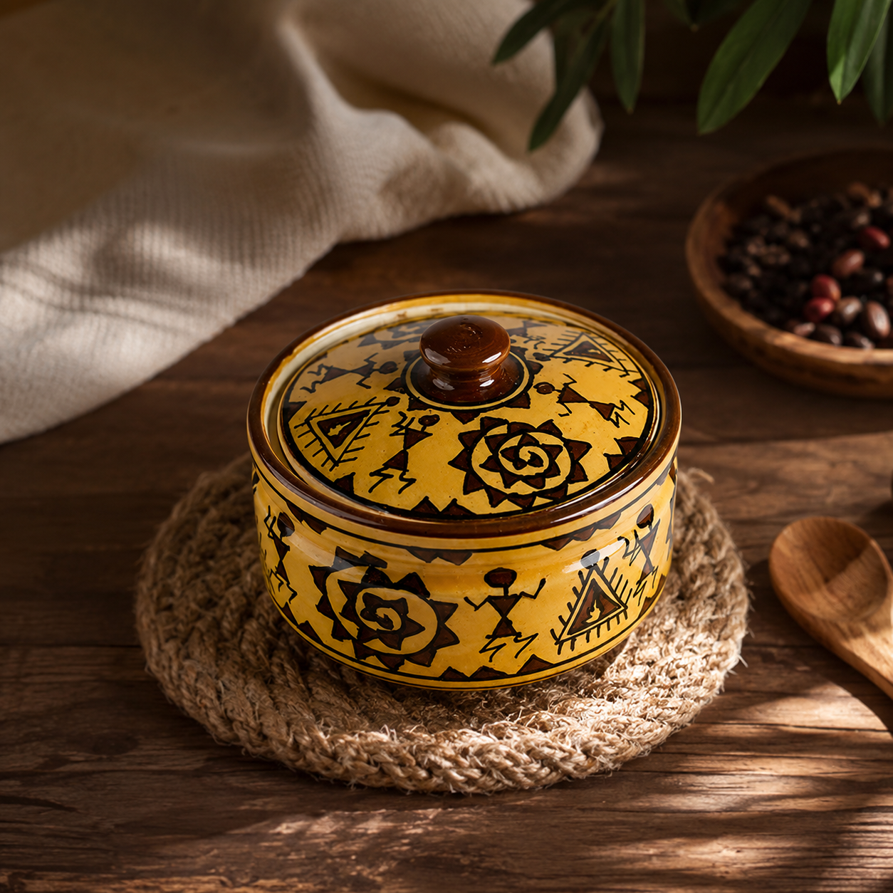 Caffeine Ceramic Handmade Mustard Romani Dinner Set (24 pcs.)