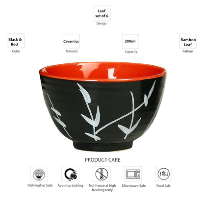 Caffeine Ceramic Handmade Black & Red Bamboo Dessert Bowl (Set of 6, 150 ml) - Caffeine Premium Stoneware