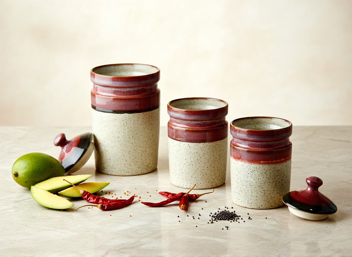 Caffeine Ceramic Stoneware Handmade Multi colour Barni/Pickle Jar (Set of 3)