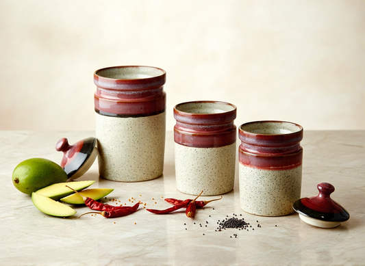 Caffeine Ceramic Stoneware Handmade Multi colour Barni/Pickle Jar (Set of 3)