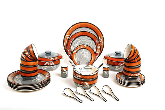 Caffeine Ceramic Handmade Orange & Grey Leaf Dinner Set (37 Pieces – Microwave & Dishwasher Safe)