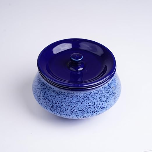 Caffeine Ceramic Handmade Blue Crackle Serving Handi with Lid (Set of 1) large