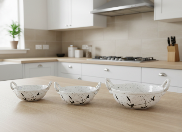 Caffeine Ceramic Handmade white Bamboo Serving kadhai Set of 3 (1 Large, 1 Medium and 1 Small)