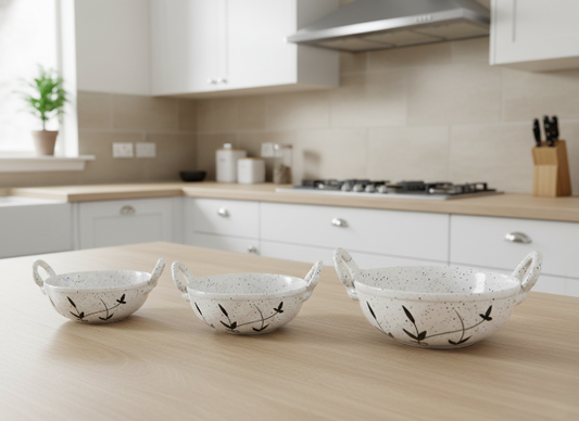 Caffeine Ceramic Handmade white Bamboo Serving kadhai Set of 3 (1 Large, 1 Medium and 1 Small)