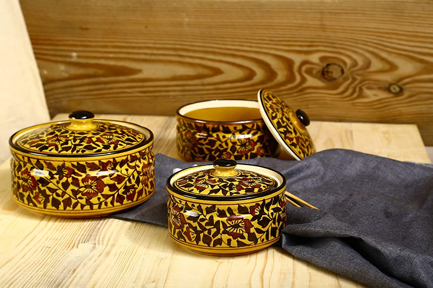 Caffeine Ceramic Handmade Brown Sehra Serving Casserole with Lid (Set of 3) - Caffeine Premium Stoneware
