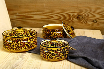 Caffeine Ceramic Handmade Brown Sehra Serving Casserole with Lid (Set of 3) - Caffeine Premium Stoneware