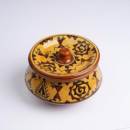 Caffeine Ceramic Handmade Mustard Romani Serving Handi with Lid (Set of 1) large