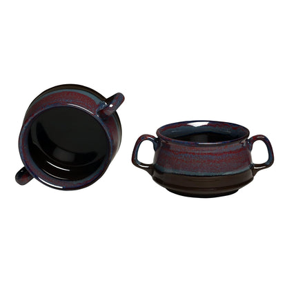 Caffeine Ceramic Handmade Magenta Multi Studio Double Handle Soup Bowls with spoon set of 6 - Caffeine Premium Stoneware