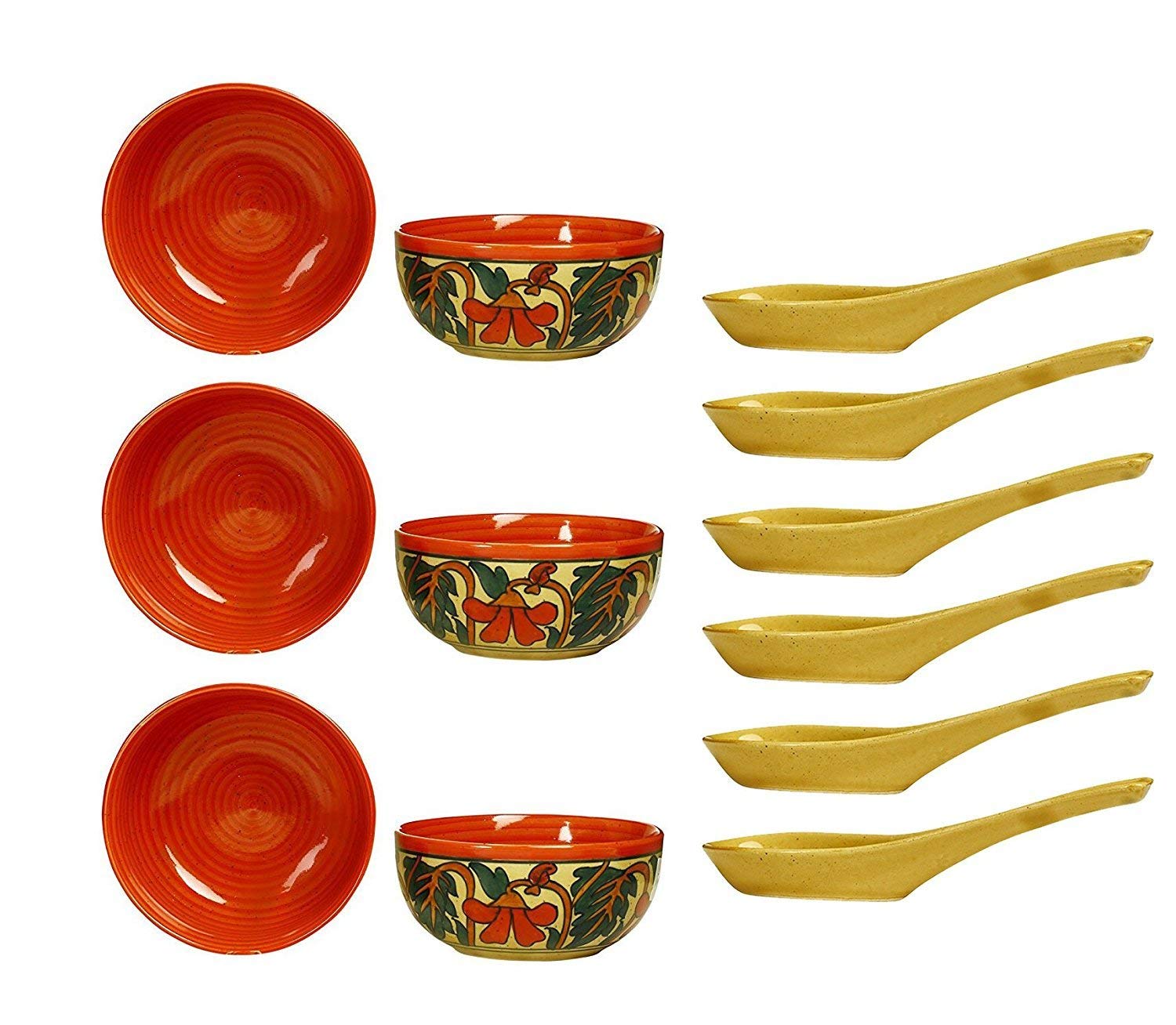 Caffeine Ceramic Handmade Rustic Flora Soup Bowls with Spoon (Set of 6) - Caffeine Premium Stoneware