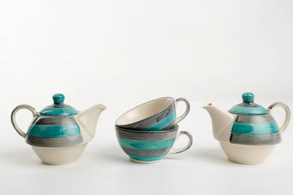 Caffeine Ceramic Handmade Sea Green 2 in 1 Tea Pot (Set of 2, Kettle with Cup)