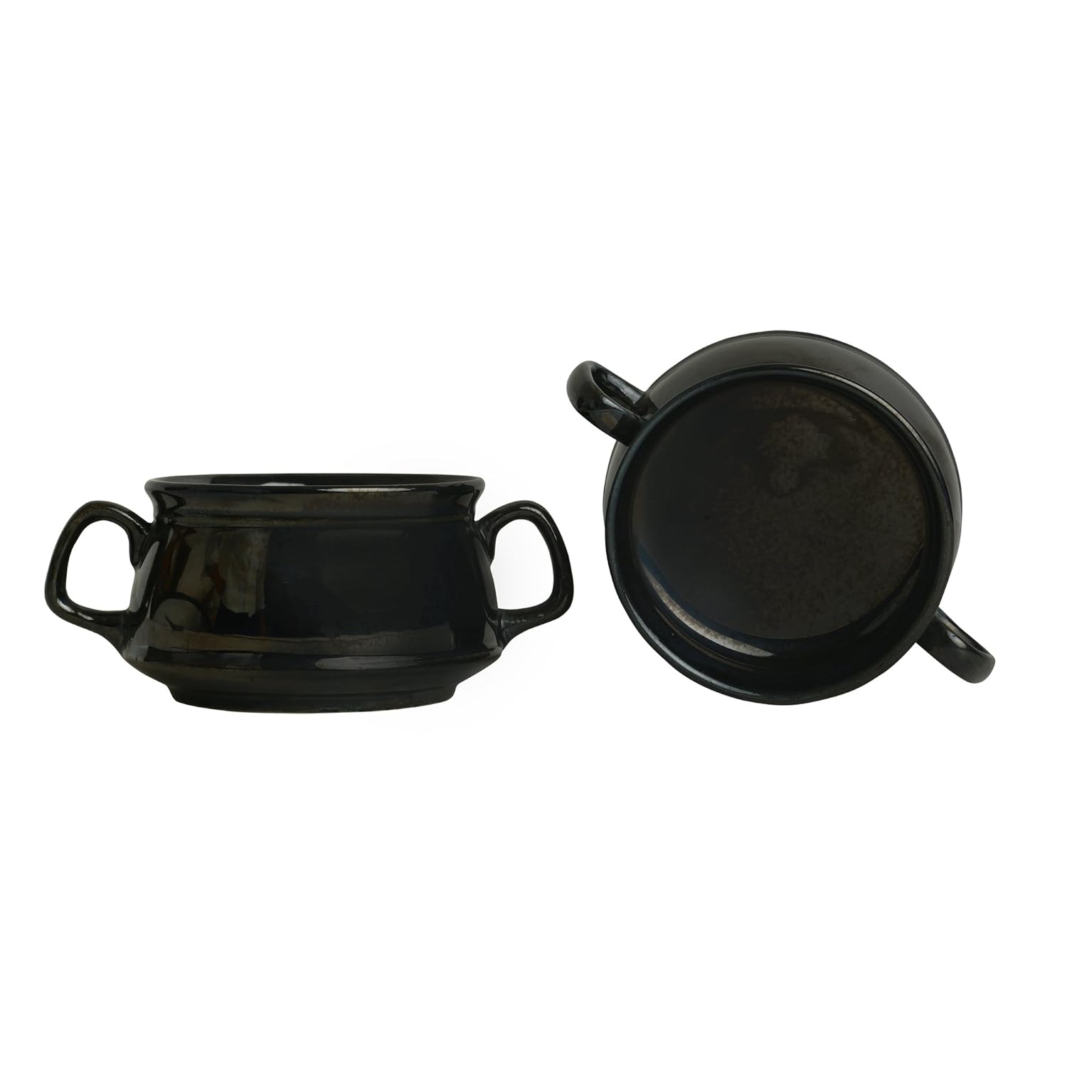 Caffeine Ceramic Handmade Metallic Black Double Handled Soup Bowl with spoon set of 4 - Caffeine Premium Stoneware