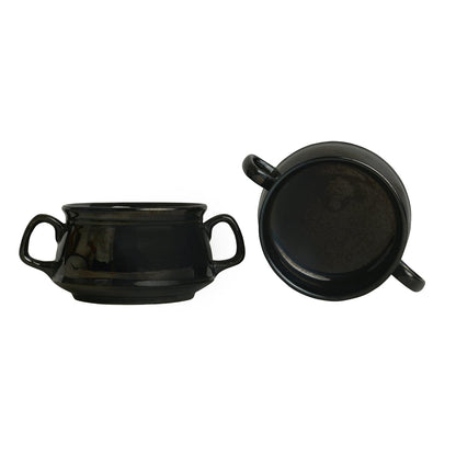 Caffeine Ceramic Handmade Metallic Black Double Handled Soup Bowl with spoon set of 4 - Caffeine Premium Stoneware